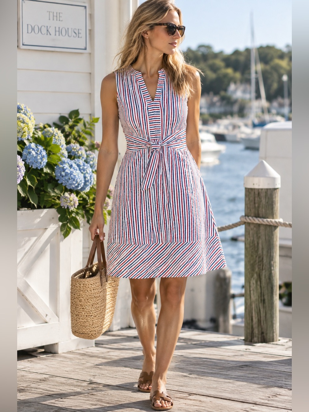 Vineyard Vines Firework Seersucker Tie-Front Dress Red White Blue Size 8